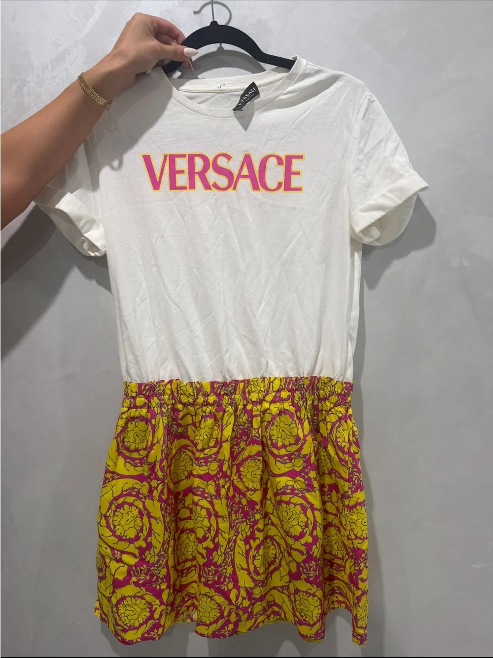Versace White Pink Yellow Logo Kids Dress